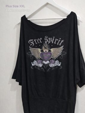 Free Spirit Graphic Top Plus SZ. XXL/X Black Batwing Dolman Sleeve Goth Boho Y2K